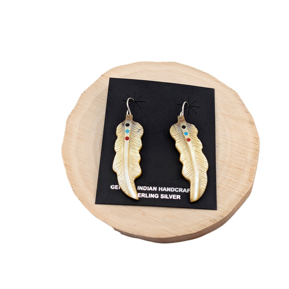 Zuni Hand Carved Mother of Pearl Feather Dangle Earrings NA‎ Jewelry